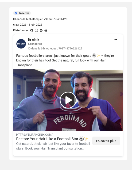 Dr Cinik football-star ad from Meta Ad Library, pointing to emrahcinik.com